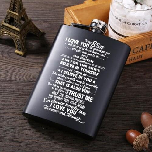 Mom And Dad To My Son Stainless Steel Hip Flask Black Matt Liquor Whisky Flagon Portable English Alphabet Hip Flask Flagon Alcoh
