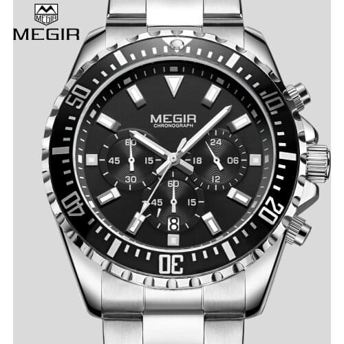 MEGIR Mans Watch Analogue Chronograph Quartz Watch with Stainless Steel Bracelete Luminous Wristwatch for Boys Calendar 24-Hour