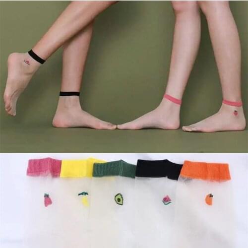 5 Pairs Colorful Summer Transparent Lace Fruits Ultra thin Women Funny Tulle Socks Middle Tube Women Breathable Silk Sox