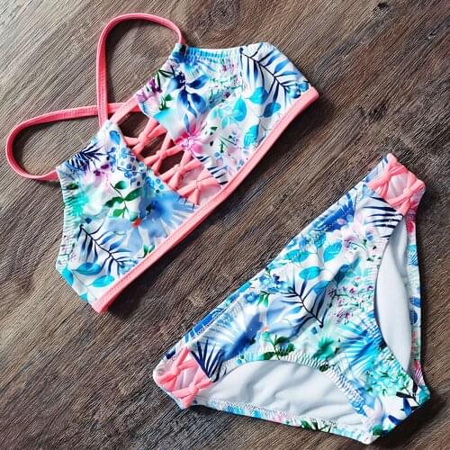 5-14 Years Girl Swimsuit Hollow Out Teenage Girl Bikini Set Tropical Flower Childrens Swimwear Girl Bathing Suit Beachwear 2021