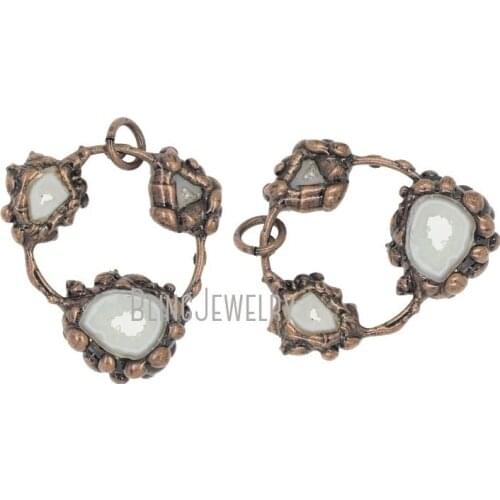 Rustic Copper Fancy Hoop Bail Pendant Triple Druzy Geode Quartz Stone Pendant PM38125