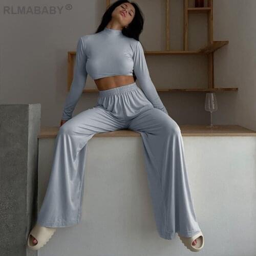 Casual Women Homewear Sport 2 Piece Set Long Sleeve Cropped Tshirts And High Waist Wide Leg Pants Trousers Women Tracksuit Set