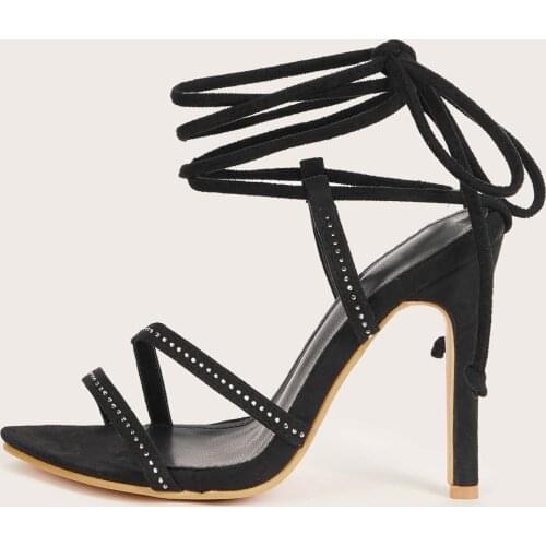 Gladiator Sandals Rome Thin Heels Party Solid Ankle Strap Elastic band PU Pointed Diamond Heels White Size 35-42