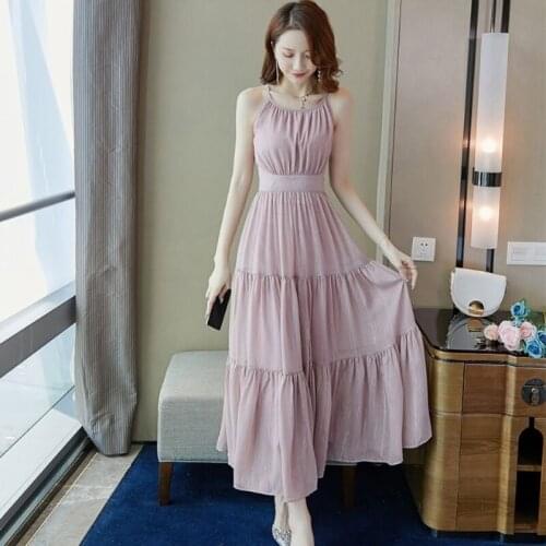 Chiffon Camisole Pink Dress 2021 New Women French Vintage Waist Summer Dresses Sleeveless Spaghetti Strap Bohemian Female Dress