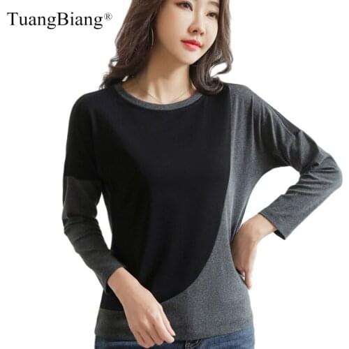 Asymmetrical Gray Blue Patchwork Woman Cotton T-Shirts 2021 Autumn Loose Fashion Plussize O-Neck Casual Tshirts Lady Winter Tops