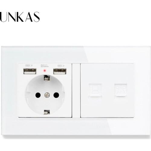 UNKAS Crystal Tempered Panel EU Standard Wall Socket with 2 USB Charge Port + Telephone Connector and RJ45 Internet Jack