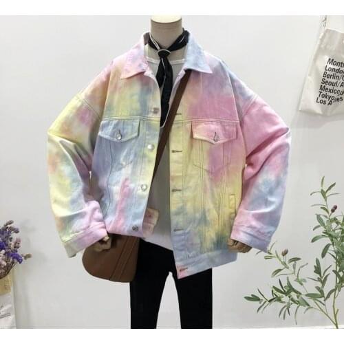 Harajuku Tie-dye Hit the color Women Denim Jacket Loose Plus size Spring Casual Hand-painted Gradient Jeans jackets Streetwear