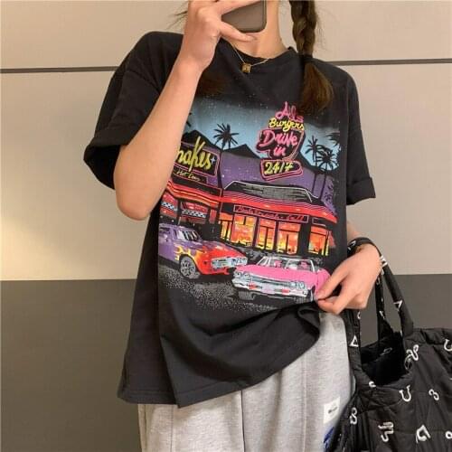 2021 Ladies Fashion Casual Chic Hong Kong Style Girl Retro Print Half Sleeve Printed T-Shirt Ladies Top Suitable For Shopping
