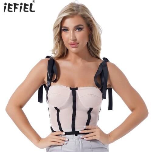 Womens Camisole Fashion Self-tie Off-shoulder Hollow Back Tank Tops See-through Mesh Charming Vest Top Patchwork Style Crop Tops