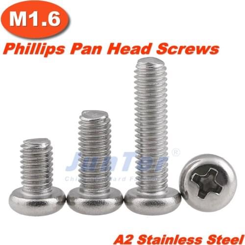 100pcs/lot M1.6(1.6mm) A2 Stainless Steel Phillips Pan Head Machine Screws Metric DIN7985