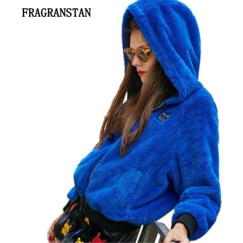 2019 Female Winter Thick Flocking Hooded Parkas Women Hit Color Cartoon Patch Designs Fur Coat High Quality Casual Loose Jacket