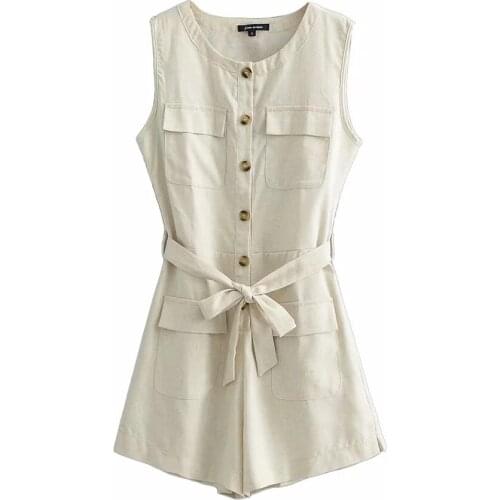 BBWM 2021 Women Elegant Fashion Cotton With Belt Playsuits Vintage Chic Single-Breasted Round Neck Sleeveless Short Jumpsuits