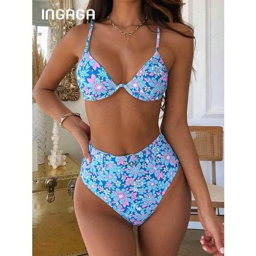 INGAGA Floral Print Bikini High Waist Womens Swimsuit 2021 Ring Swimwear Sexy Bathing Suit Brazilian Biquini Beachwear Summer
