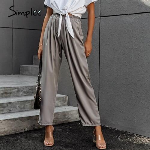 Simplee Wide leg solid chiffon pants women High street grey ladies loose trousers office High waist causal long pant 2021 summer