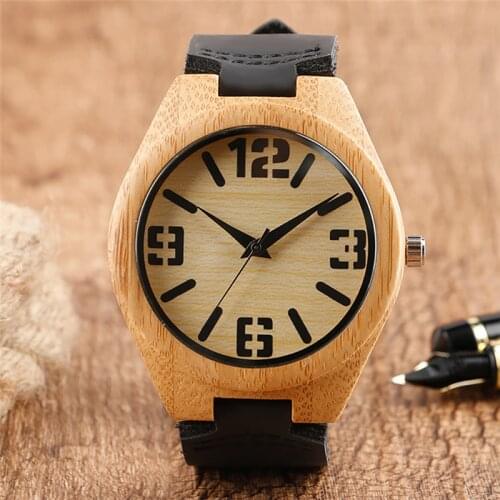 Creative Bamboo Wood Watch for Men Black Leather Strap Mens Quartz Wrist Watches Wooden Clock Arabic Number Relogio Masculino