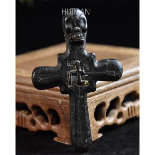 Home Decoration Hongshan Culture Archaize Black Iron Meteorite Sculpture cross Statue Handicraft