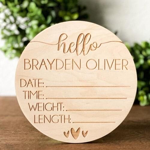 Wooden round Baby Name Sign, Engraved Newborn Stats, Hello World Hospital Welcome birth Announcement Plaque, New Baby Photo Prop