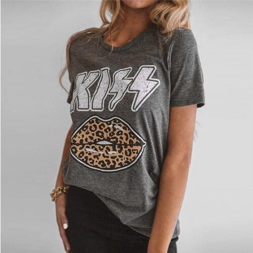 Fashion T Shirt Women Summer Top Loose Leopard Lips Print Tee Shirt Femme Elegant Ladies Streetwear tumblr harajuku tshirt