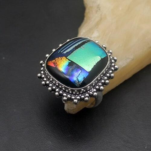 Hermosa Solitaire Unique Vintage Dichroic Glass Romantic Band Ring Size 8 A881