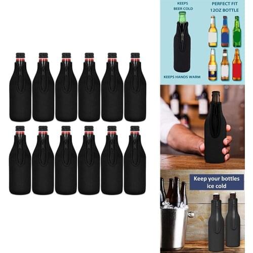 Beer Bottle Cooler Sleeves Keep Drink Cold Zip-Up Extra Thick Neoprene Insulated Sleeve Cover Black