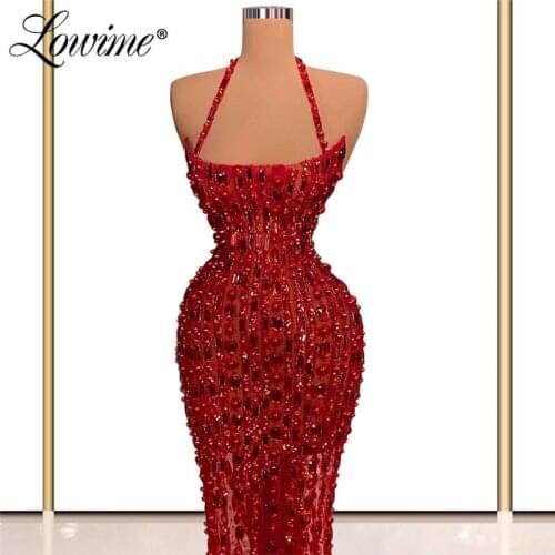 Lowime Burgundy Halter Arabic Party Dress Sexy Celebrity Dresses Customized 2021 Newest Custom Made Party Night Evening Dresses