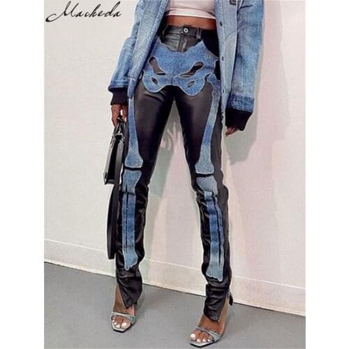 Macheda Autumn new skintight PU leather pants front bizarre print patchwork straight leg women pants street slim trend clothing