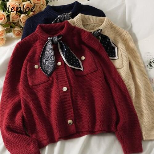 Neploe Bowknot O-neck Single-breasted Sweater Coat Female Long Sleeve Knitted Open Stitch Woman Loose Pocket Cardigan Tops Mujer