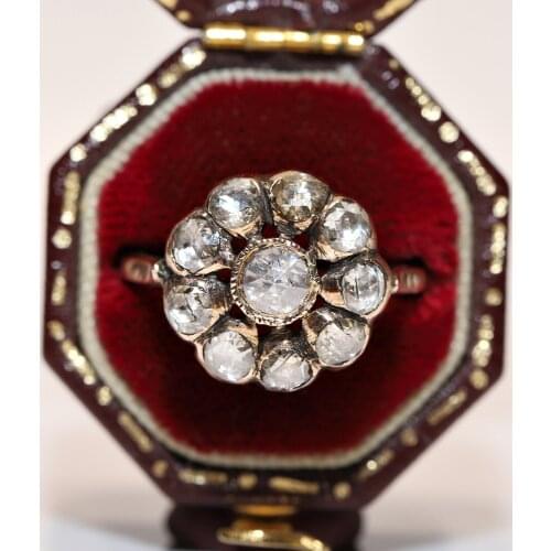 Antique Original Ottoman 8k Gold Natural Rose Cut Diamond Decorated Rose Style Ring