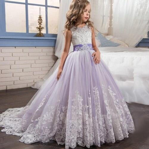 Flower Girl Tutu Dresses With Bow Crystal Lace Up Applique Ball Gown clothes for Girls Princess Vestidos age 3 8 11 12 years old