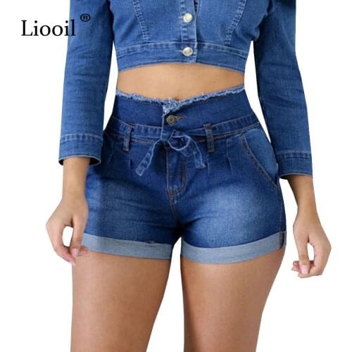 Liooil Casual Blue Denim High Waist Shorts Women Clothes 2021 Streetwear Cotton Lace-Up Sexy Slim Rave Jean Shorts With Pockets