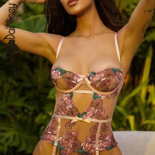 Sexy Flower Embroidery Womens Pink Hollow Out Club Bodysuit New Female Transparent Mesh Body Top Mujer Bodysuits