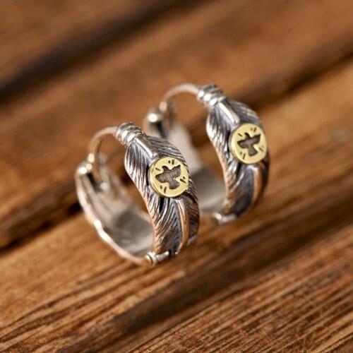 Real S925 Sterling Silver Eagle Feather Net Red Trend Hip Hop Personality Creative Couple Earrings Exquisite Gift Jewelry