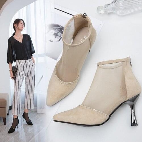 Mesh Breathable Womens Boots Thin Heel Ankle Boots for Women 2021 Fashion High Heels Women Pointed Toe Flock Pumps Shoes Woman