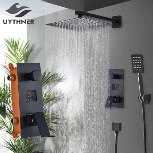 Bathroom Shower 2-Functions Black Digital Shower Faucets Set Rainfall Shower Head 2-way Digital Display Mixer Tap Shower Mixer