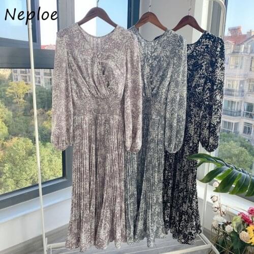 Neploe 2021 Spring Japan Style Vintage Vestidos Elegant O Neck Chic Print High Waist Dress Puff Sleeve Design Women Dresses