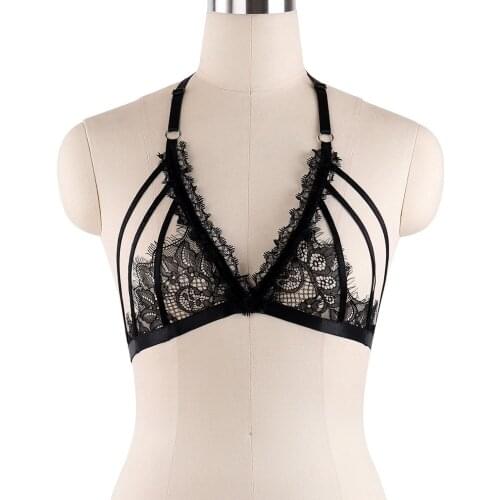 Womens Fashion Sexy Black Lace Harness Lingerie Bondage Harness Harajuku Goth Fetish Bra Cage Bra Lace Rave Body Harness Cage