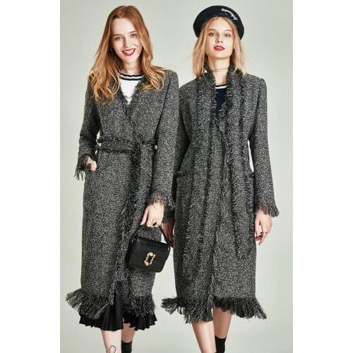 HAVVA Autumn and Winter New Womens Windbreaker Tassel Midi Knee-length British Style Gray Trench Coat with Lace-up W5028