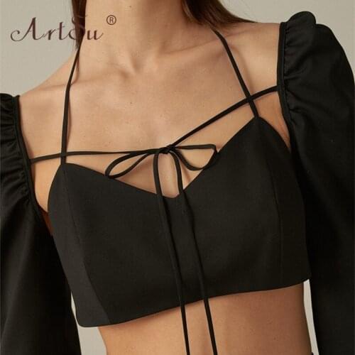 ArtSu Chic Fashion White Bandage Party Crop Top Halter Lace Up Puff Sleeve Backless Sexy Tops Women 2021 Spring Blouses Black