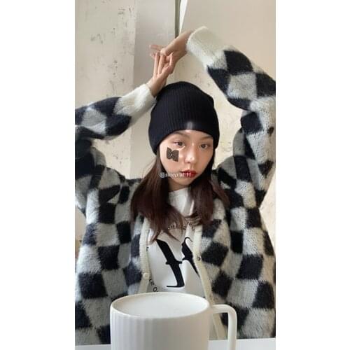 Sleep at 11 Furry Rhombus Plaid V-neck Sweater Coat Womens Loose and Lazy Style Outer Wear Knitted Cardigan waistcoat