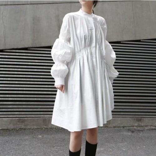 Spring summer womens runway fashion Designer white black puff sleeve shirt dress female casual loose chic plus size dress TB078
