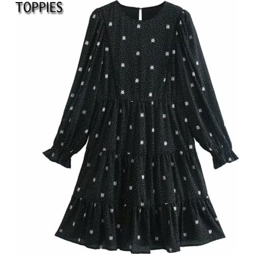 Toppies 2021 Women Fashion Floral Print Feminine Dress Vintage Long Sleeve Casual Loose Dress