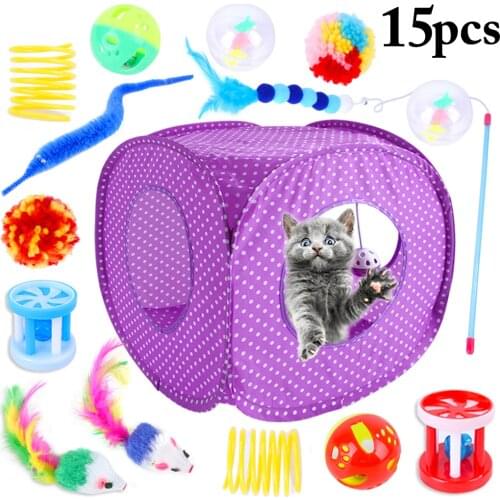 15PCS Portable Tent Cat Toys Set Interactive Funny Assorted Kitten Toys Assortments Pet Tent Outdoor Playing Pet Cat Kitten Toy