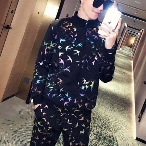 2 Fashion Printed Piece Sets Jacket + Pant Ropa Hombre Sport Mens Leisure 2020 Autumn Rainbow Hot Stamping Flower Set Men