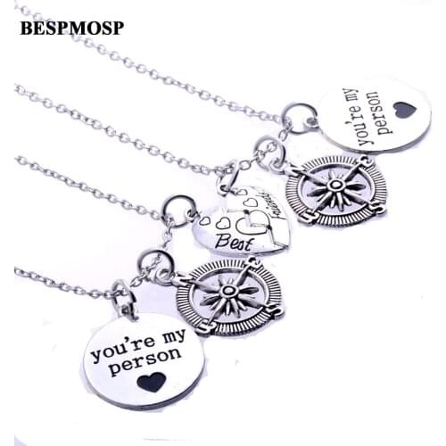 Bespmosp 12Set/Lot Love Trendy Heart Best Friends Pendant Necklace Vintage Charm Compass Friendship BFF Jewelry Gifts Wholesale