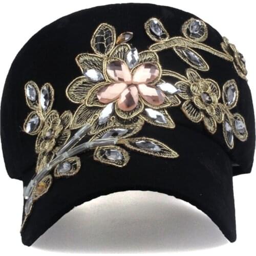 Harajuku Summer Floral Baseball Cap Cotton Women Rhinestone Denim Hat Casual Sun Protection Adjustable Sunscreen Black Caps xlia