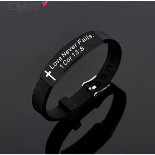 FIMAODZ Cross Bible Verse Bracelet Christian Jesus Scripture Quote High Quality Silicone Stainless Bracelets Men Religious Gift