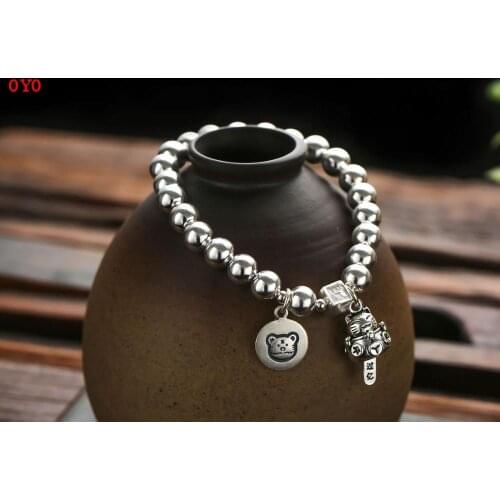 100% S925 Sterling Silver Zodiac Lucky Cat Bracelet Bonus Year Silver Bead Bracelet Female Thai Silver