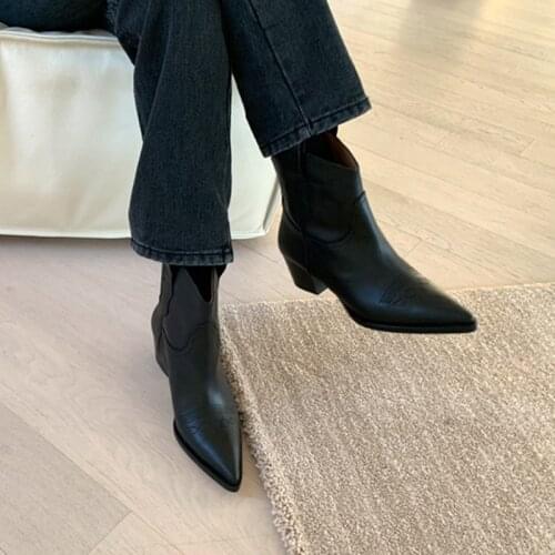 Black White Short Boots Western Cowboy Boots for Women Long Winter Boots Pointed Thick Heel Cowgirl Wedges Size 33-42