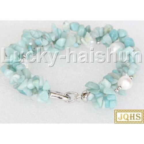JQHS natural Baroque aquamarines round white freshwater pearls Beaded Strand bracelet 8" j11848