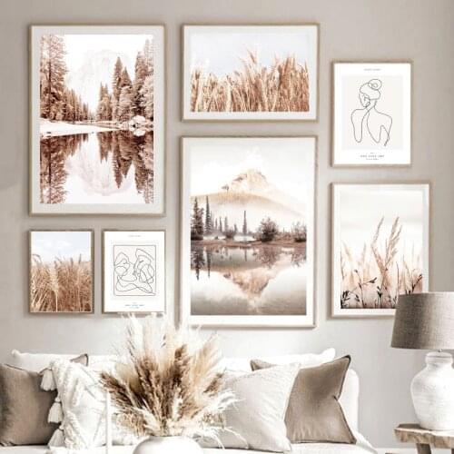 Sunrise Lake Tree Wheat Line Nature Nordic Posters Boho And Prints Wall Art Canvas Wall Pictures For Living Room DecorPainting